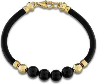 Amour Mens 40ct TGW Black Onyx Black Leather Bracelet in Yellow Plated Sterling Silver - 9 in