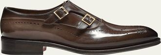 Santoni Mens Kaj Brogue Leather Double-Buckle Monk Strap Loafers