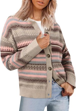 Generic Fairisle Jumper Women Fairisle Cardigan Ladies Vintage Retro Casual Sweater Pink