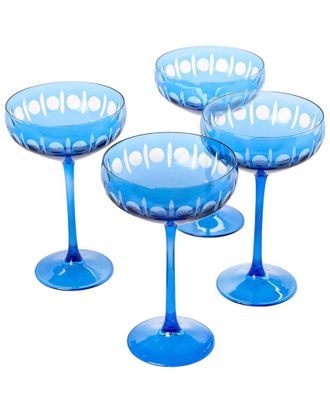 Two's Company Set of 4 Sparkling Cut Hand-Engraved Coupe Wine Glasses