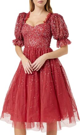 Maya Womens Dress Womens Midi Sequin Embellished Frilly Sweetheart Neckline Puffed Sleeves for Wedding Guest Prom Evening Dress, Vermillion, 24