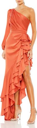 Mac Duggal One Sleeve Cut Out Asymmetrical Ruffled Gown in Orange at Nordstrom, Size 8