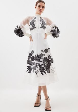 Karen Millen Petite Organdie Applique Buttoned Woven Midi Dress