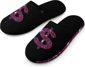 Generic U.S. Dollar Purple Glitter Mens Cozy House Slippers Winter Warm Shoes with Anti-Slip Sole for Travel Indoor Outdoor