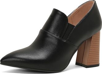 Generic MiaZane Womens Pointed Toe Ankle Boots PU Leather Block Heel High Heels Shallow Slip On Shoes Elegant Office and Party Footwear,Black,6.5 UK