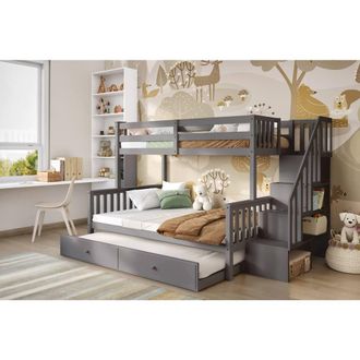 Flair Tag Triple Staircase Bunk Bed with Trundle in Grey | Size: Double