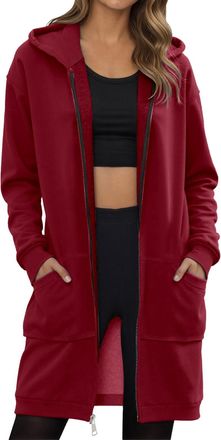 Generic Hoodies For Women Longline Solid Thin Fleece Hoody Jackets Full Zip Up Ladies Oversized Hooded Sweatshirts Coat With ockets Autunm Winter Spring Suita