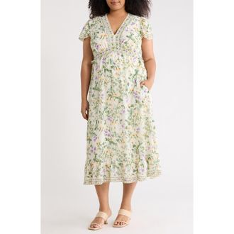 Max Studio Floral Flutter Sleeve Empire Waist Maxi Dress in White/Purple Inky Bloom at Nordstrom Rack, Size 1 X