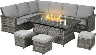OUTSUNNY 7 Pieces Rattan Garden Furniture Set w/ 50,000 btu Fire Pit Table - Outsunny