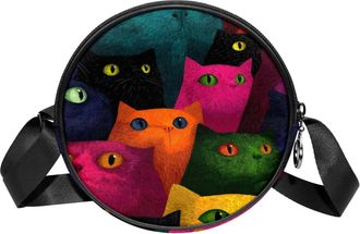 Generic Circle Crossbody Bag for Women, Colorful Cat Small Sling Bag Daypack with Zipper Adjustable Shoulder Straps Casual Ladies Girls Round Purse