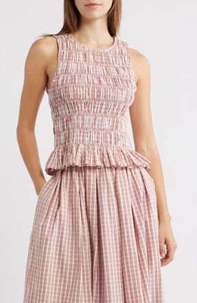 Faithfull The Brand Cales Smocked Cotton Top in Paloma Check-Cinnamon White at Nordstrom, Size X-Small