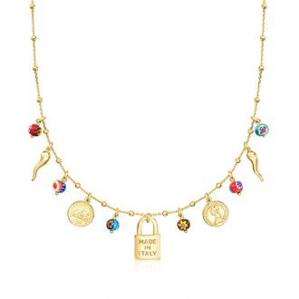 Ross-Simons Italian 18kt Gold Over Sterling Charm Necklace With Multicolored Murano Glass Beads