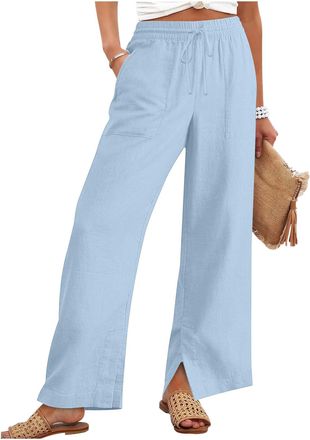 Generic Linen Trousers Womens Straight Leg Trousers Elasticated Waist Drawstring Cotton Palazzo Pants Ladies Casual Pants with Pockets Womens Holiday Clothes 