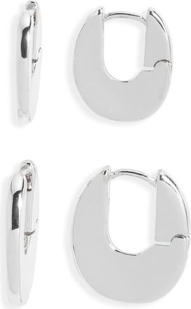 Open Edit 2 Pairs of Polished Huggie Hoop Earrings in Silver at Nordstrom