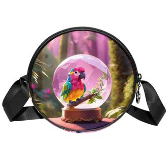 Generic Circle Crossbody Bag for Women, Parrot Crystal Ball Small Sling Bag Daypack with Zipper Adjustable Shoulder Straps Casual Ladies Girls Round Purse