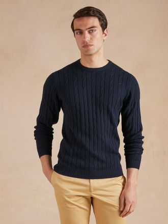 Oliver Brown Cable Knit Cotton Cashmere Crew Neck Jumper - Navy