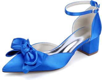 Generic Womens Low Block Heels Wedding Shoes Low Chunk Shoes Satin Bridal Pumps Prom Party Dress with Bow Pumps 4.5Cm,Royal Blue,10 UK