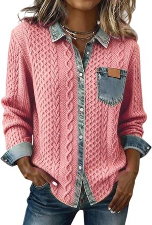 Generic Womens Knitted Spliced Denim Shirt, Lapel Long-Sleeved Button Down Retro Jacquard Knitted Patchwork Stitching Denim Shirt (Pink,S)