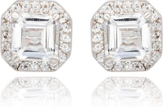 Suzy Levian Sterling Silver Assher Cut Yellow Sapphire Halo Stud Earrings