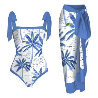 Generic Ladies Swimming Costumes Two Piece Swimsuit Beach Swimwear Matching Chiffon Long Skirts V Neck Padded Swimwear Tankinis with Sarong Beach Cover Up Bat