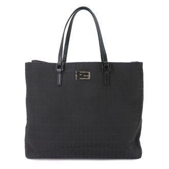 Fendi Zucchino Black Canvas Leather Handbag Tote Bag (Pre-Owned)