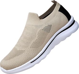 Generic Mens Slip on Trainers with Breathable Knit Upper, Lightweight Walking Sneakers with Cushioned Sole, Flexible No Lace Sports Shoes, Soft Foam Insole, A