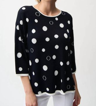 Joseph Ribkoff Polka Dot 3/4 Sleeves Sweater In Midnight Blue/vanilla