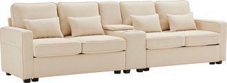 STILVORA Sof&aacute; Recto 4 Plazas En Lino Con Consola De Sof&aacute;, 2 Puertos Usb, 2 Portavasos, Bolsillo Lateral Y 4 Cojines, Beige