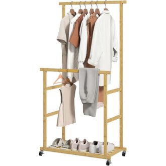 OEM Perchero Rodante, Perchero Doble De Bamb&uacute; Con Estante Inferior, 80x40x160cm, Madera Natural -crezuo