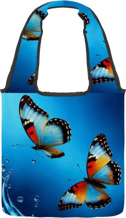 Generic Blue Butterflies Reversible Canvas Shoulder Tote - Double-Sided Print, 12oz Cotton, 27cm Drop, Fold-Flat Bag for Travel, Shopping, Street Outings