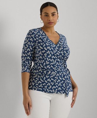 Lauren Ralph Lauren Womens Lauren Ralph Lauren Jersey Top Blue White Floral Surplice Neck BUU675