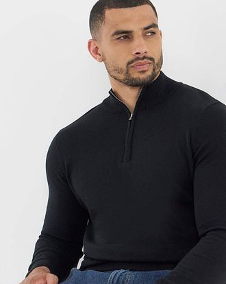 Jacamo Black Cotton 1/4 Zip Funnel Knit Top