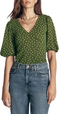 Boden Ruched Short Sleeve Wrap Top in Green Spot at Nordstrom, Size 14