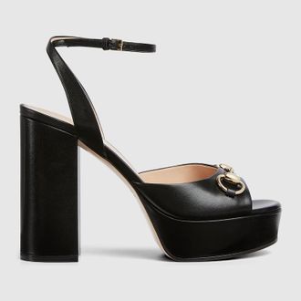 Gucci Womens Horsebit Platform Sandal, Black, Leather