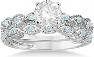 Allurez Antique Aquamarine Bridal Set Marquise Shape 14K White Gold 0.36ct