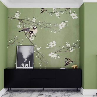 Superfresco Easy Birds & Blossom Green Print To Order 3m x 2.8m Mural