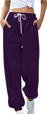 Generic Jogger Sweatpants for Women Drawstring Workout Pants with Pockets Solid Color Cuffed Trousers High Waisted Elastic Tracksuit Bottoms Baggy Jogging Jog
