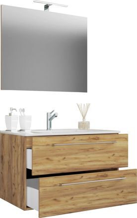 ebuy24 Ebuy24 - Vcm 3 Pcs Lavabo Lavabo Gabinete Inferior Ancho 60 Cm Juego De Muebles De Ba&ntilde;o Colgando Con Un Espejo Caj&oacute;n Badinos (roble Miel)