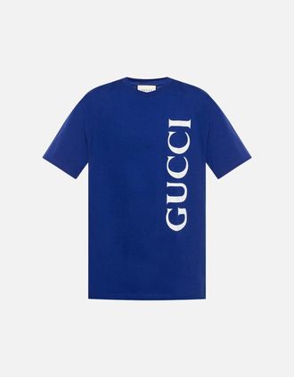 Gucci Mens Gucci Large Vertical Brand Logo Regular Fit Blue T-Shirt - Size: 38