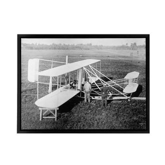 Artery8 Wright Brothers Biplane Machine Framed Canvas Wall Art Print in Grey | Size: W24 x H32