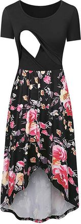 Generic Womens Maternity Mum Summer Short Sleeve Plain Button Nursing Dress for Breastfeeding with Pocket Indian Clothing Womens Tunic, Z01-black, S