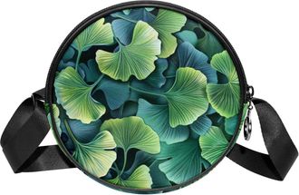 Generic Circle Crossbody Bag for Women, Green Ginkgo Leaf Small Sling Bag Daypack with Zipper Adjustable Shoulder Straps Casual Ladies Girls Round Purse