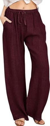 Generic Womens Linen Trousers UK Casual Summer Beach Trousers with Drawstring Elasticated Waist Long Pants Straight Wide Leg Lounge Pants High Waisted Lightwe