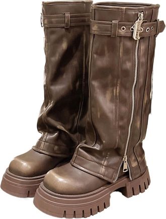 Generic Platform Fold Knee High Boots For Women Punk Belt Buckle Square Toe Zipper Trouser Boots Goth Shoes For Women(Brown,US11)