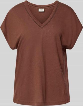 Scotch & Soda Leinen-T-Shirt mit V-Ausschnitt in Mittelbraun, Größe L
