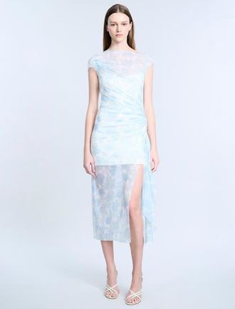 BCBGeneration Mesh Sequin Midi Dress in Sky Floral Print at Nordstrom, Size 6