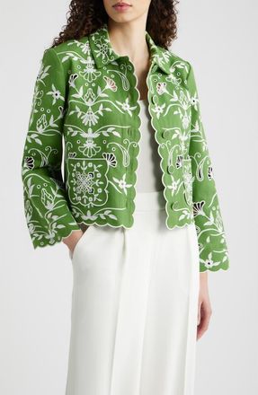 Elie Tahari The Marianna Cotton Eyelet Jacket in Green /Sky White at Nordstrom, Size X-Small