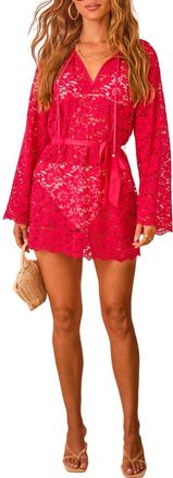 VICI Collection Marisole Tie Waist Long Sleeve Lace Cover-Up Minidress in Magenta at Nordstrom, Size X-Large