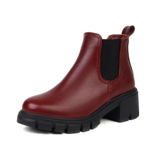 Generic Womens Chelsea Ankle Boots Smooth PU Leather Round Toe Chunky Lug Sole Elastic Side Pull Tab Slip On Durable Stylish Comfortable Design,Red,3.5 UK