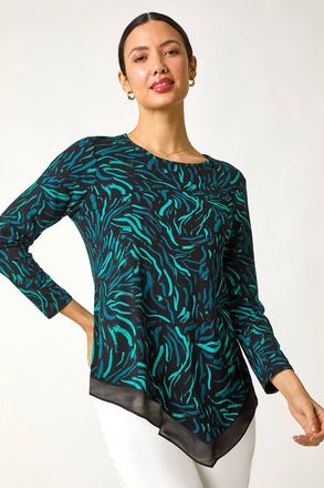 Roman Linear Print Chiffon Hem Stretch Top